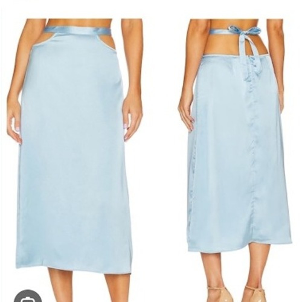 We Wore What Midi Skirt Tie Waist Cut Out Satin‎ Blue Size Small